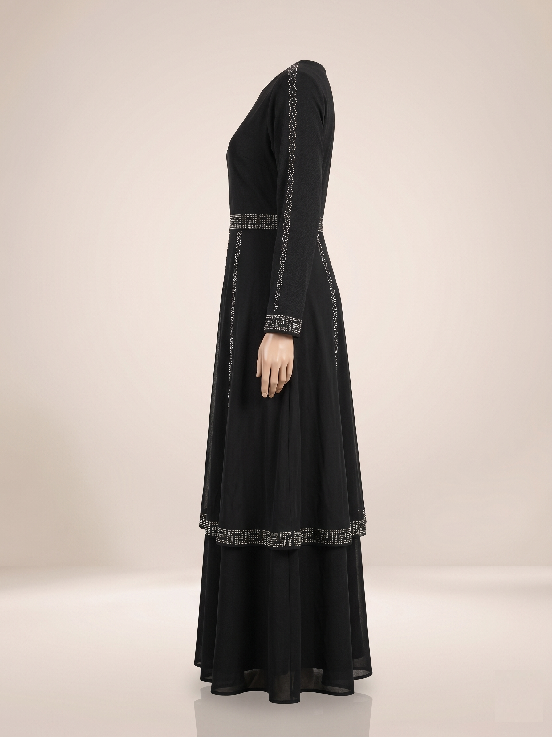 Black Layered Abaya with Stone work
