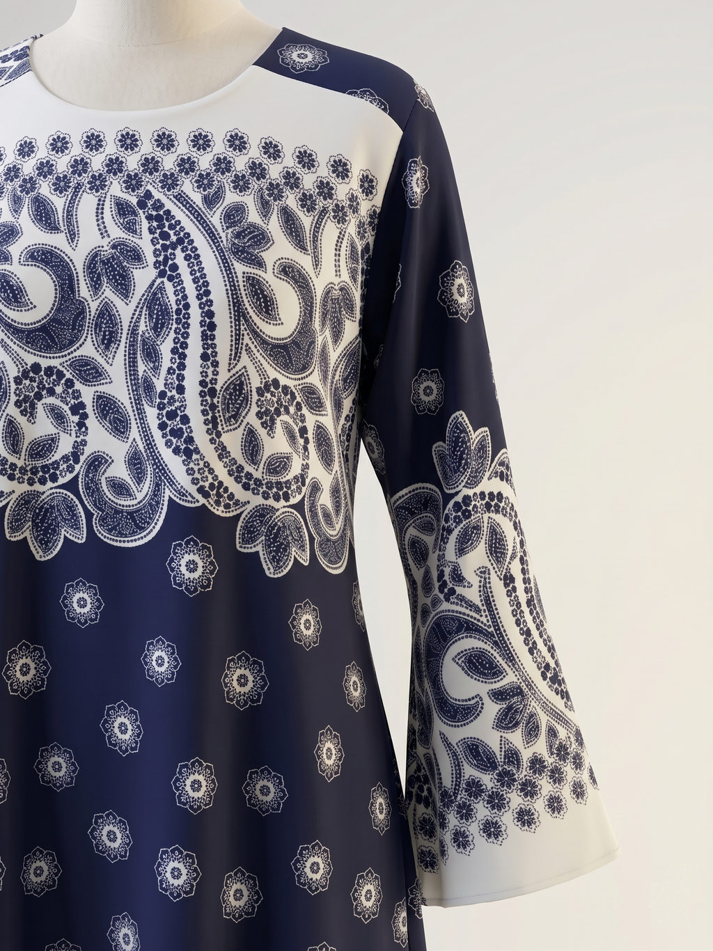 Navy & White Paisley Modest Dress